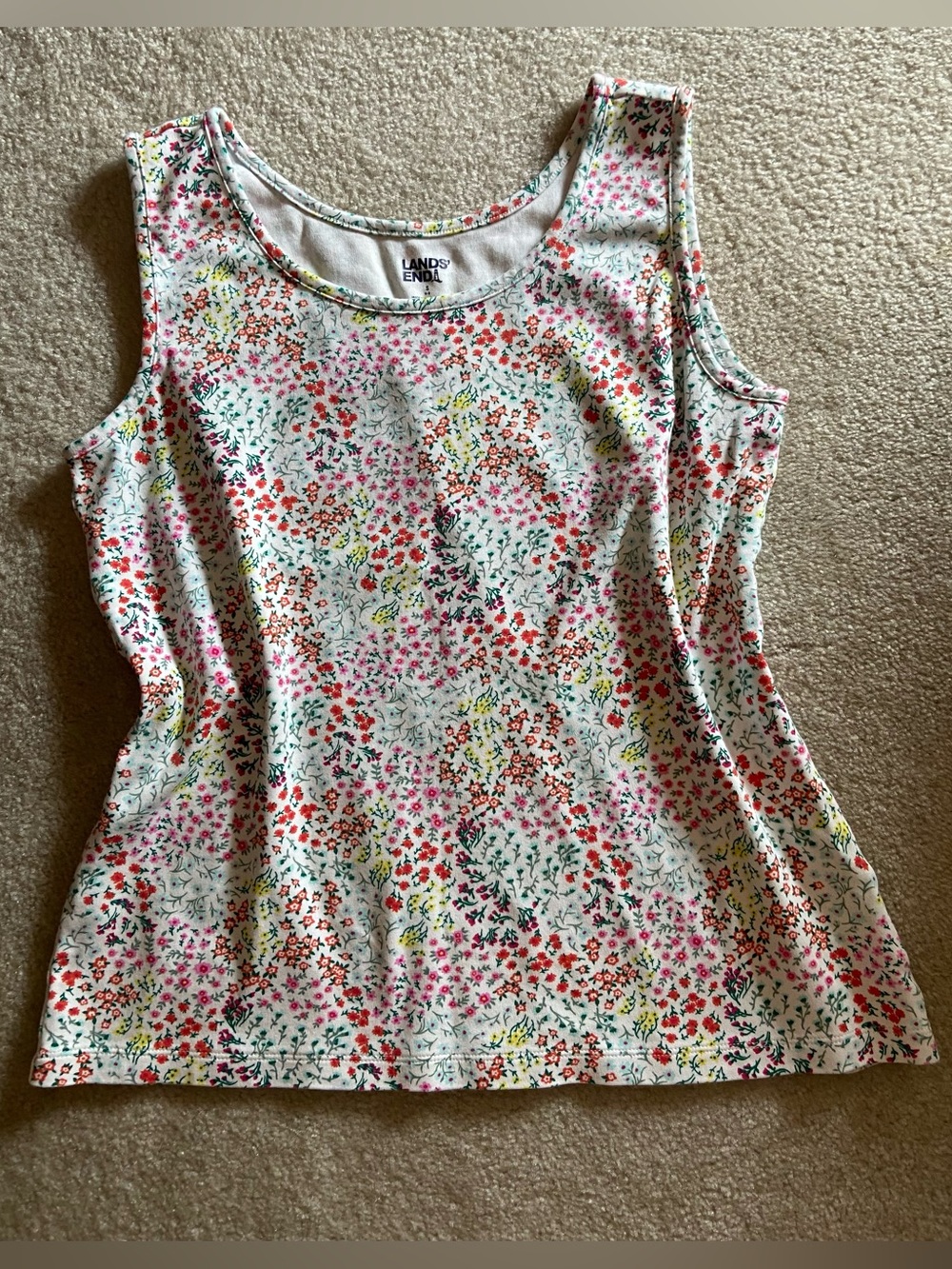 Lands' End Floral Scoop Neck Tank Top - White with Pink, Red, Yellow, Green